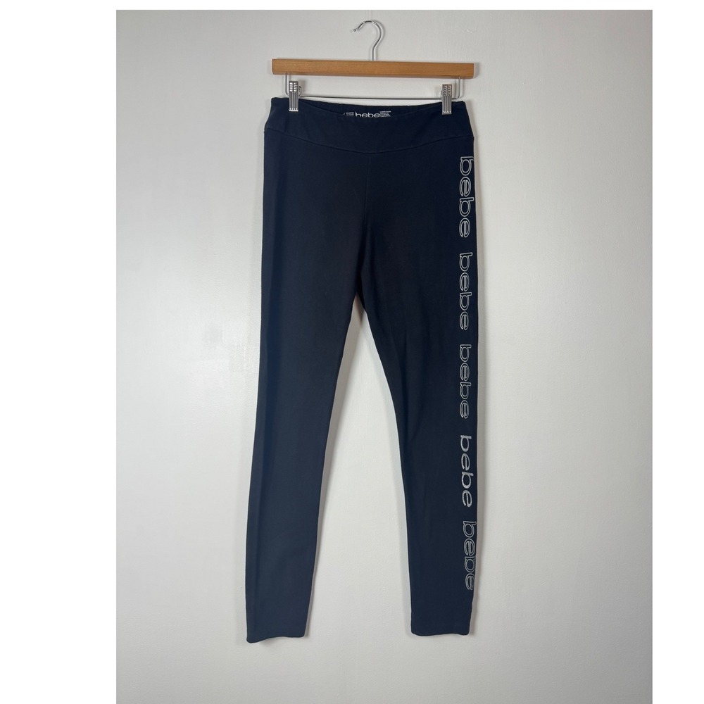 Athleisure bebe Womens Large Leggings Black Silver Logo Side Stripe Cotton Blend